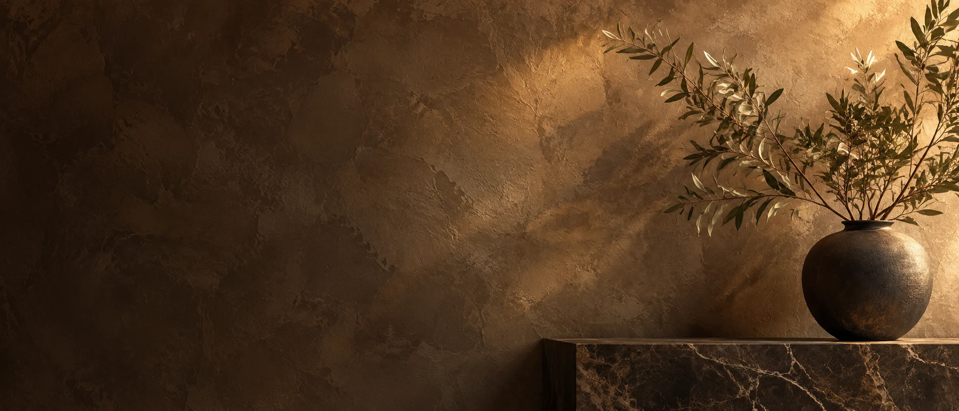 Warm decorative plaster with a ceramic vase and olive branches