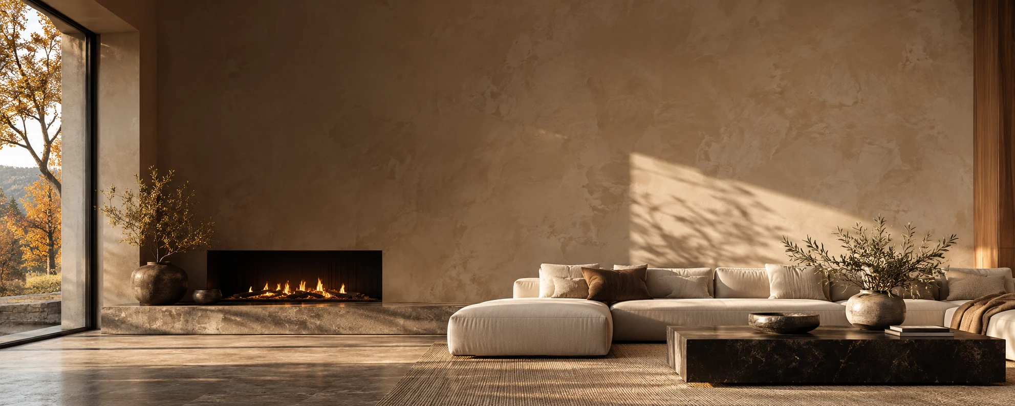 Warm plaster living room with cream seating and soft natural light