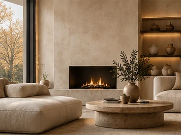 A beige plaster living room with a fireplace and cream sofa
